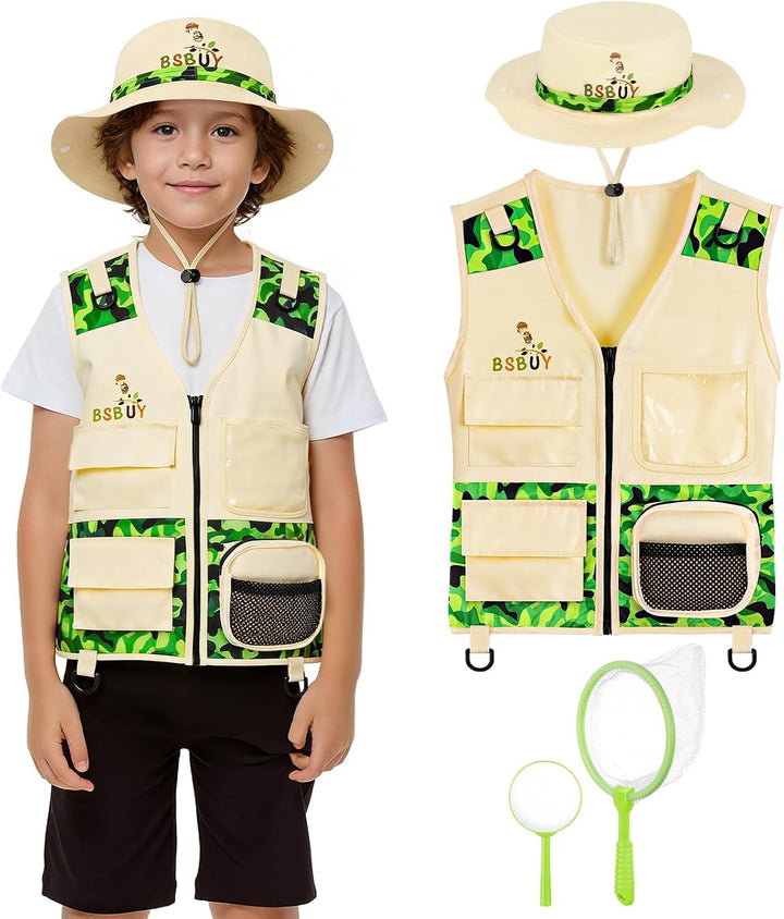 Forscherset für Kinder 4Pcs Exploration Spielzeug mit Frachtweste Hut Insektennetz und Lupe Outdoor