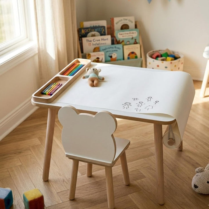 Kindertisch 50x 60x 47cm mit Papierrolle und Organizer– Holztisch für Kinderzimmer | Kinder Tisch, L