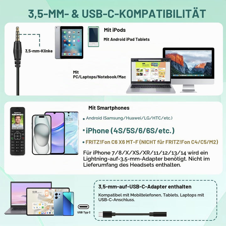 3,5mm Klinke Laptop Headset mit Mikrofon Noise Cancelling, USB-C Headset Handy mit Kabel für iPhone