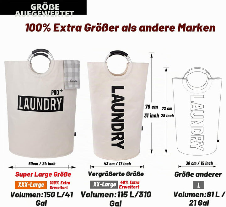 Caroeas 150L Grosser Wäschekorb (8 Farben), Wasserdichter Wäschebehälter, Wäschesammler mit gepolste