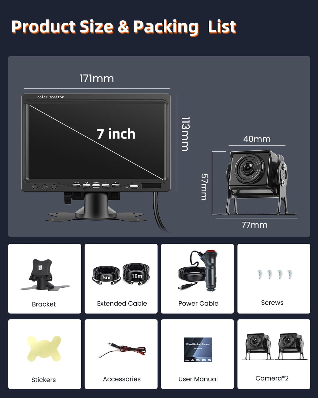 7" IPS-Bildschirm Rückfahrkamera-Kit, 1080P-Kamera, Rauschunterdrückung, IP68 wasserdicht, mit 2 Kam