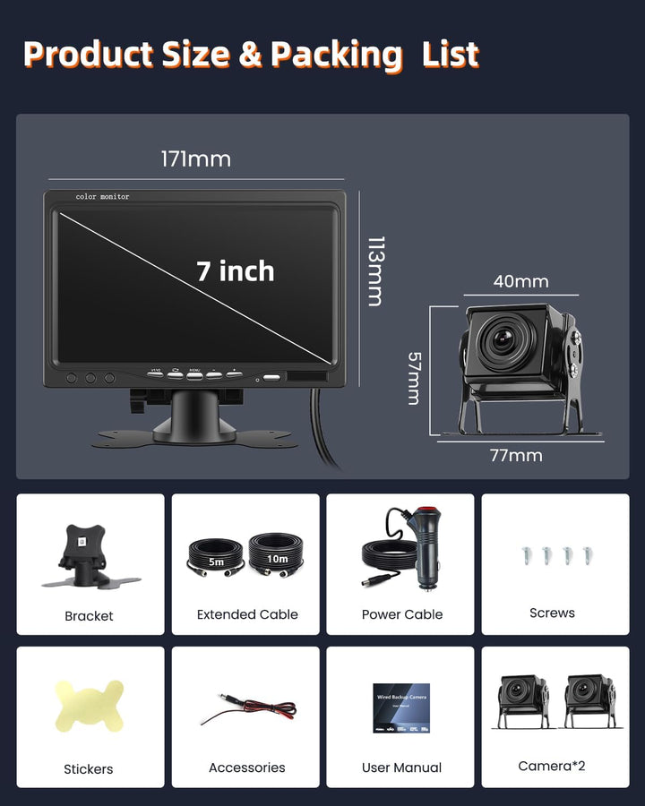 7" IPS-Bildschirm Rückfahrkamera-Kit, 1080P-Kamera, Rauschunterdrückung, IP68 wasserdicht, mit 2 Kam