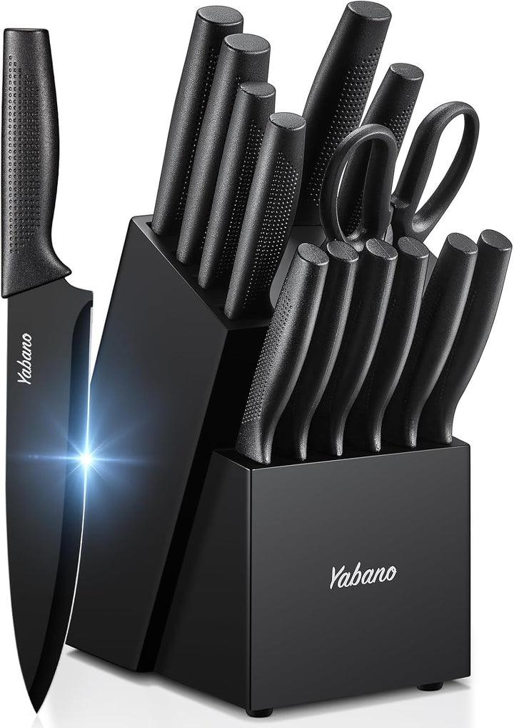 Messerblock Set,Yabano 14-teilig Küchenmesserset mit Integriertem Messerschärfer, Scharfes Schwarzes