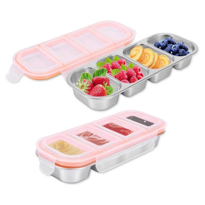 2 Stück Snackbox mit Fächern, Snackteller aus Edelstahl, Snackschale mit Deckel,Luftdichte & auslauf