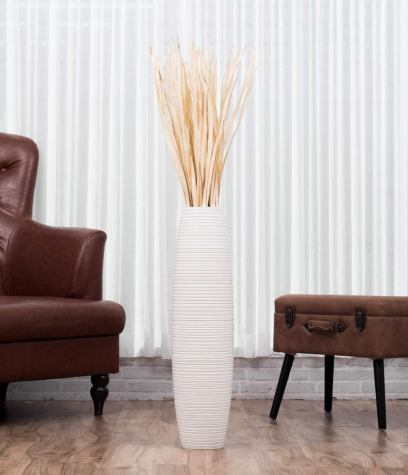 Leewadee Grosse Bodenvase für Dekozweige hohe Standvase Design Holzvase, Holz, 70 cm, Weiss 70 cm We