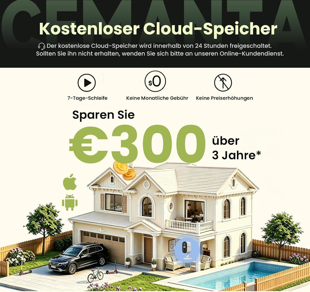 4MP Überwachungskamera Aussen Akku - 2,4G/5GHz WLAN, Kostenlosem Cloud-Speicher, IP66 wetterfest, AI
