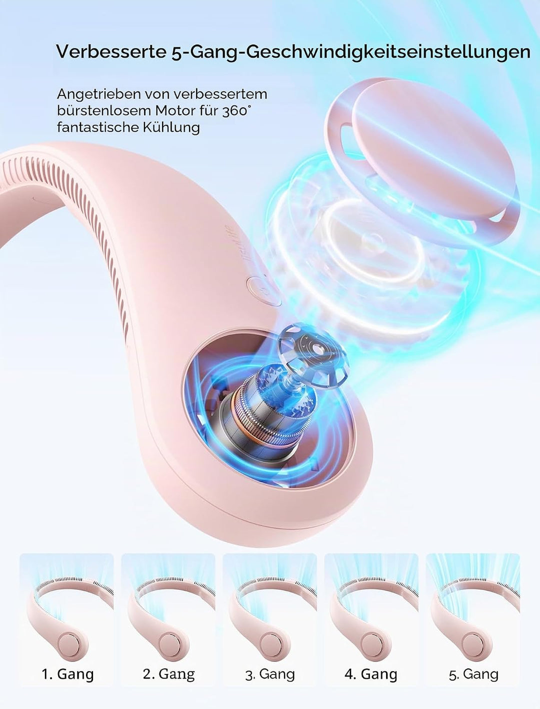 JISULIFE Tragbarer Nackenventilator, Hals-Ventilator ohne Flügel, 5 Geschwindigkeiten, 4000 mAh Batt
