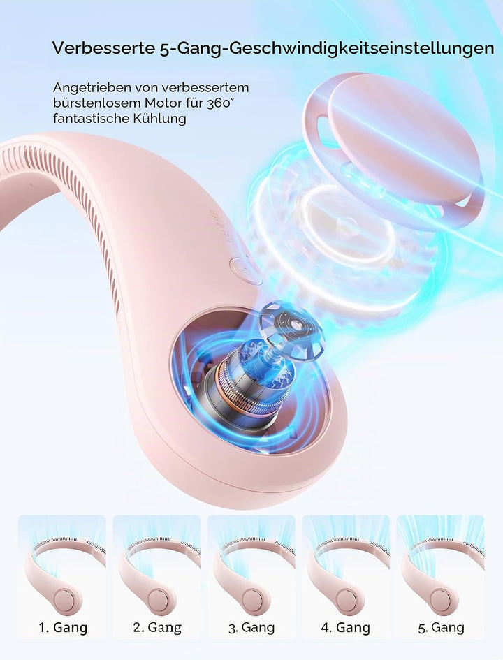 JISULIFE Tragbarer Nackenventilator, Hals-Ventilator ohne Flügel, 5 Geschwindigkeiten, 4000 mAh Batt