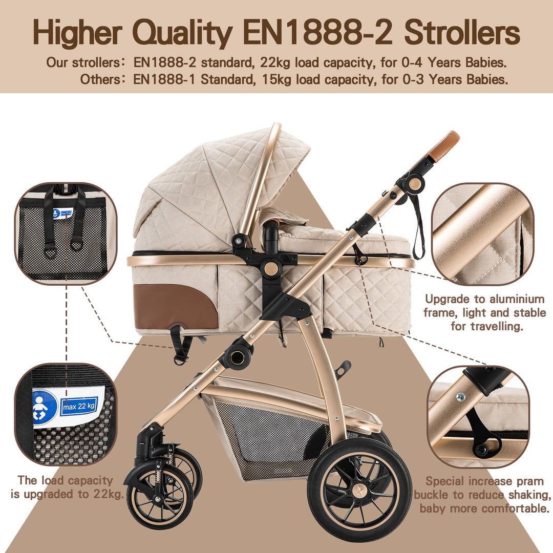 Gcarebb 3 in 1 Kinderwagen Reisesystem, Kinderwagen mit höhenverstellbarem Griff, Reisewagen mit Mos