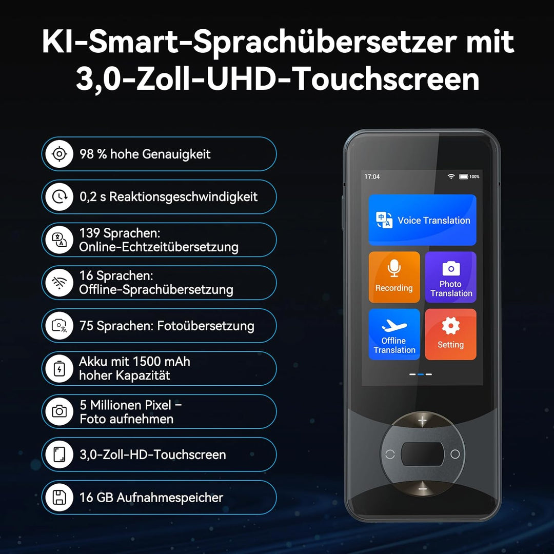 Wooask W10 Sprachübersetzer Gerät Ohne Internet, Übersetzer Echtzeit 140+ Sprachen Und Akzente Mit W