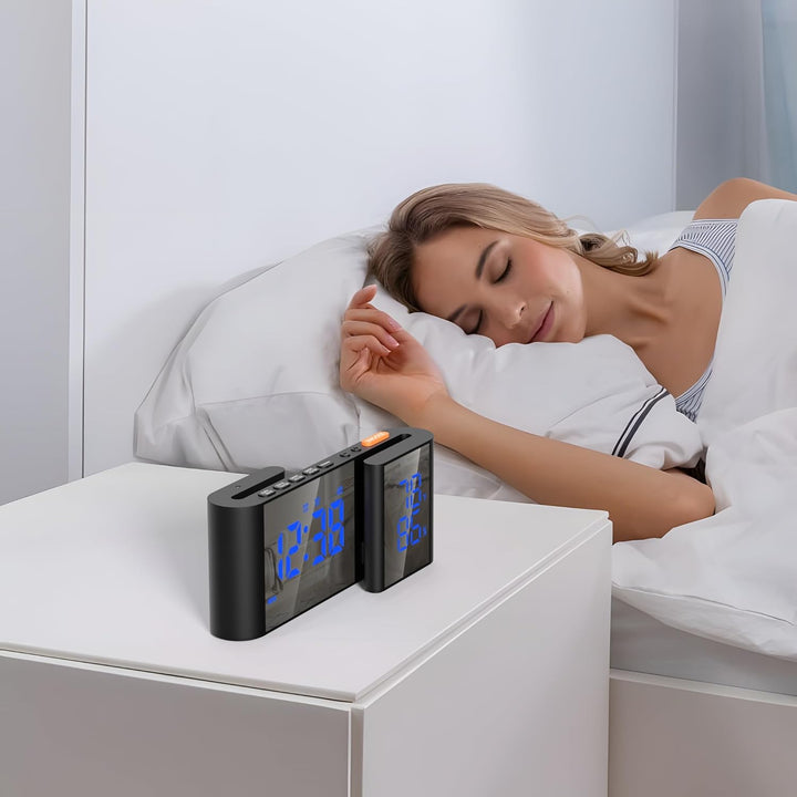 Lancoon Digitaler Radiowecker 6'' Spiegel LED Uhr mit Luftfeuchtigkeit und Temperatur Duale Alarmein