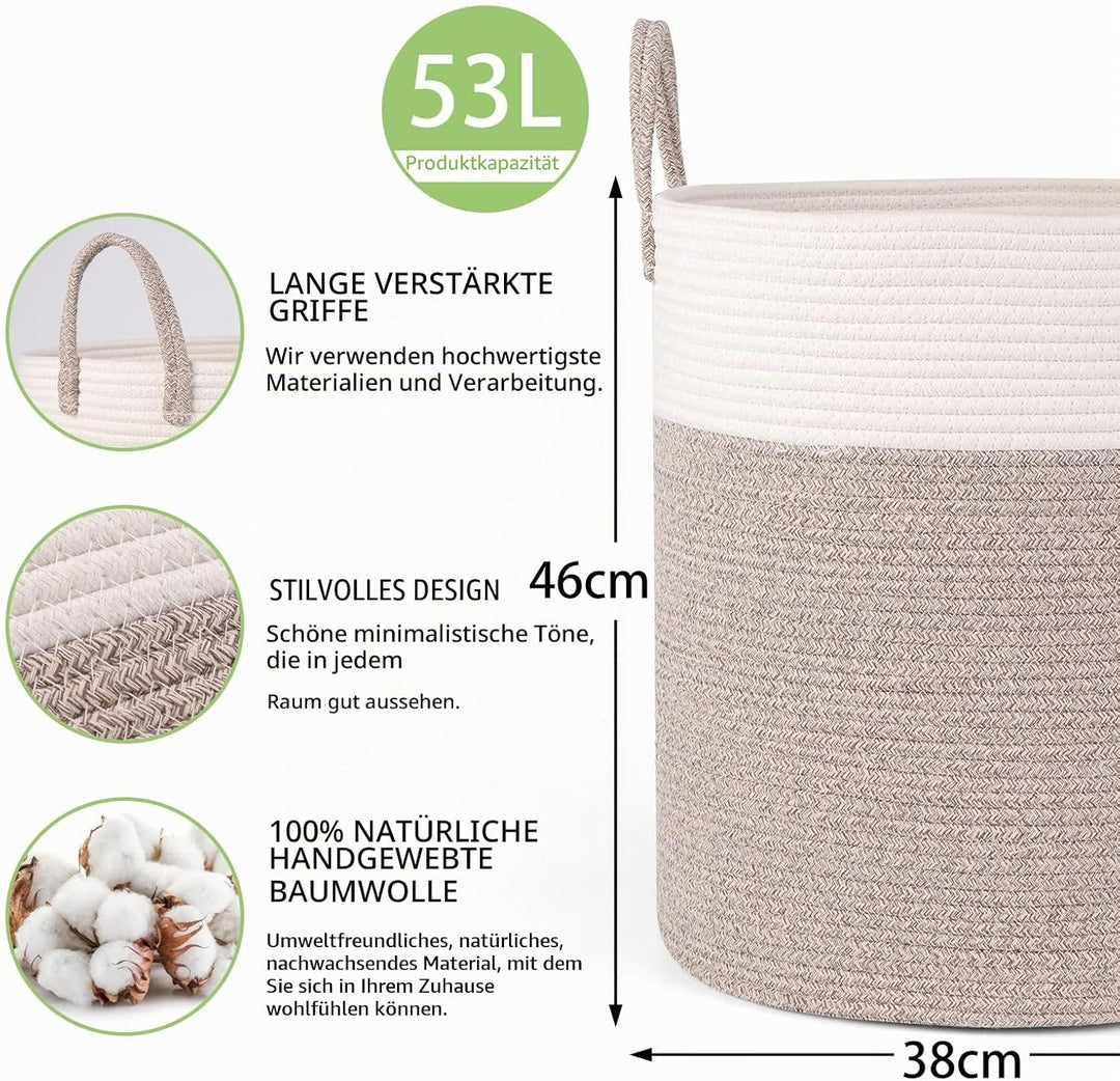 Withosent Wäschekorb Geflochten aus Baumwolle, 66L Wäschesammler mit Henkel, Laundry Basket Aufbewah