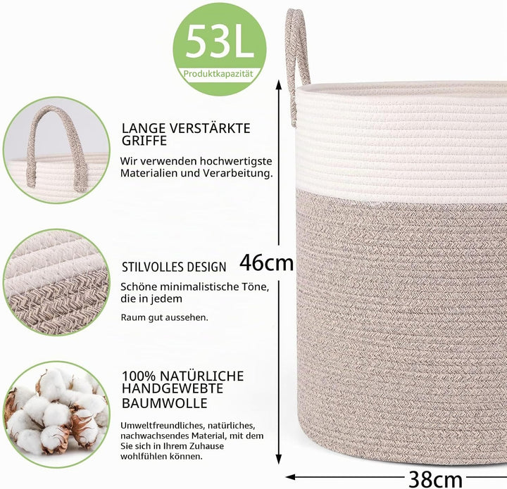 Withosent Wäschekorb Geflochten aus Baumwolle, 66L Wäschesammler mit Henkel, Laundry Basket Aufbewah