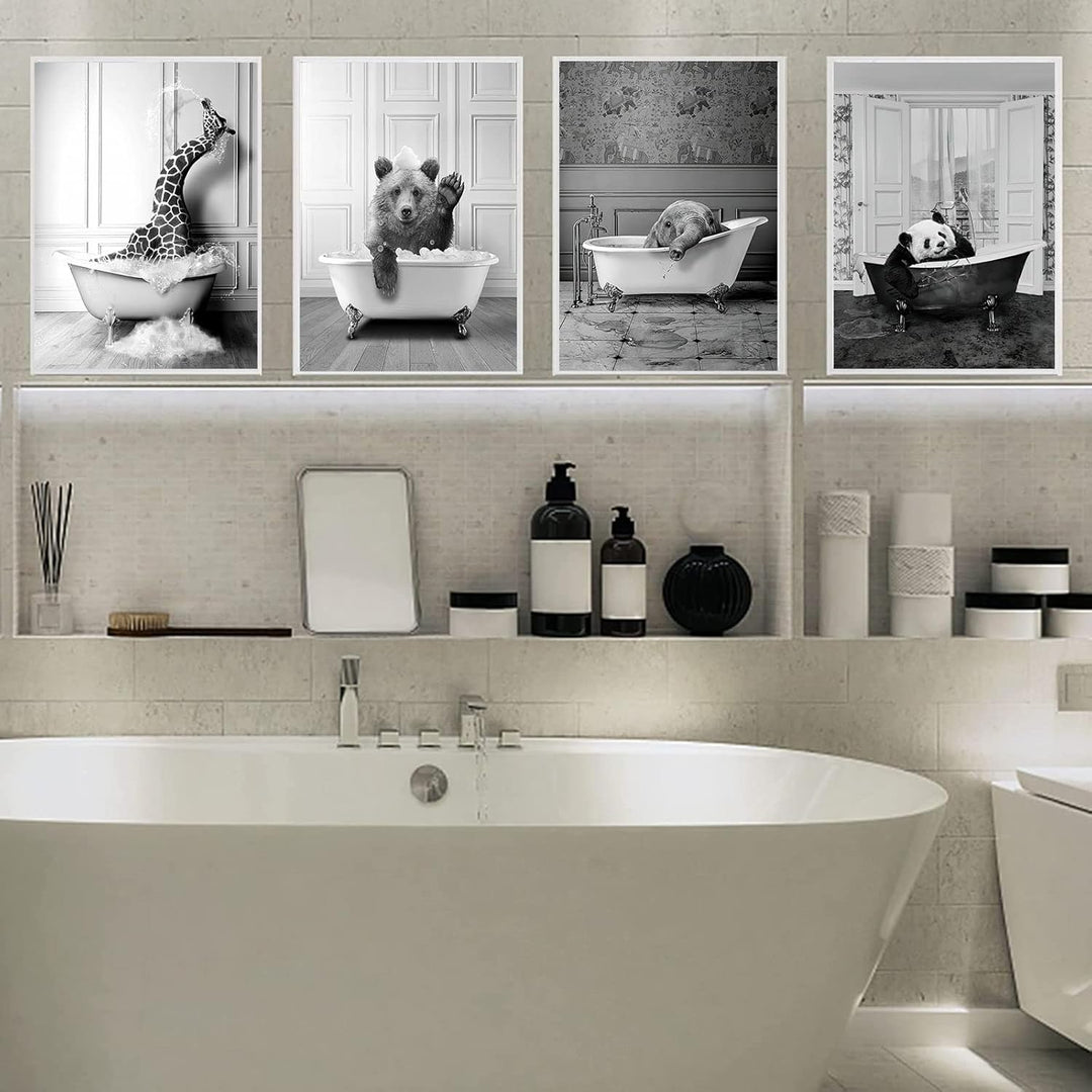 WADBTP Badezimmer Bilder,Schwarz Weiss Bilde,Lustige Tier in der Badewanne Leinwand Bilder für Wohnz