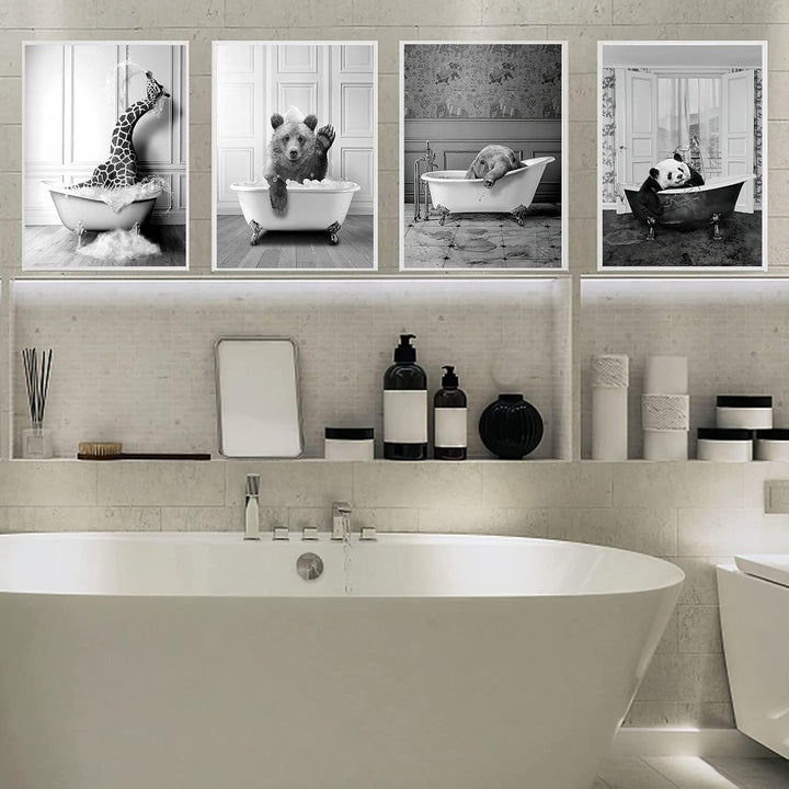 WADBTP Badezimmer Bilder,Schwarz Weiss Bilde,Lustige Tier in der Badewanne Leinwand Bilder für Wohnz
