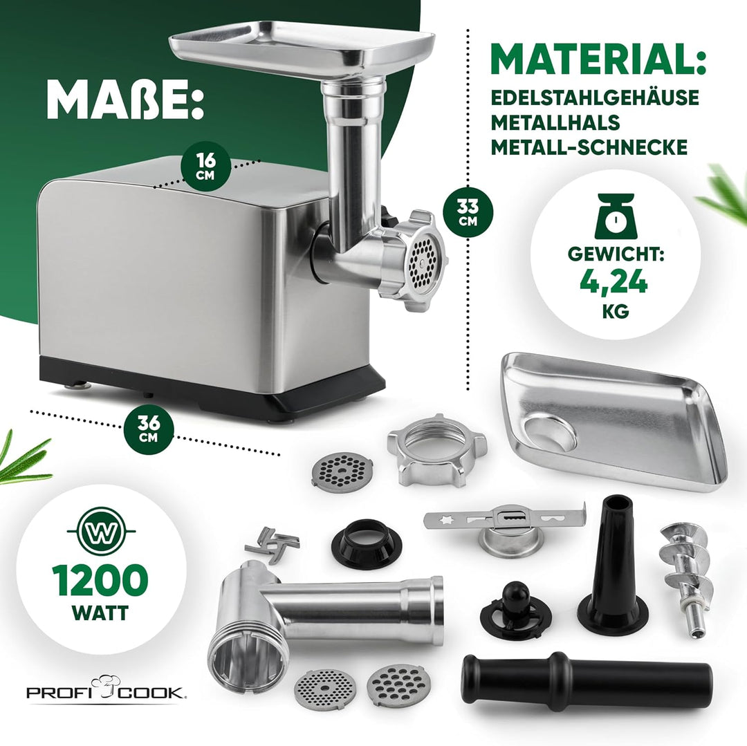 ProfiCook Fleischwolf 1200W | mit Aufsatz für Plätzchen/Spritzgebäck | Fleischwolf elektrisch | 3 Me