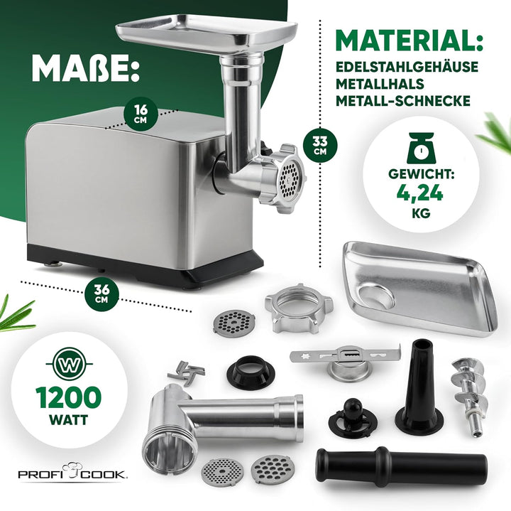 ProfiCook Fleischwolf 1200W | mit Aufsatz für Plätzchen/Spritzgebäck | Fleischwolf elektrisch | 3 Me