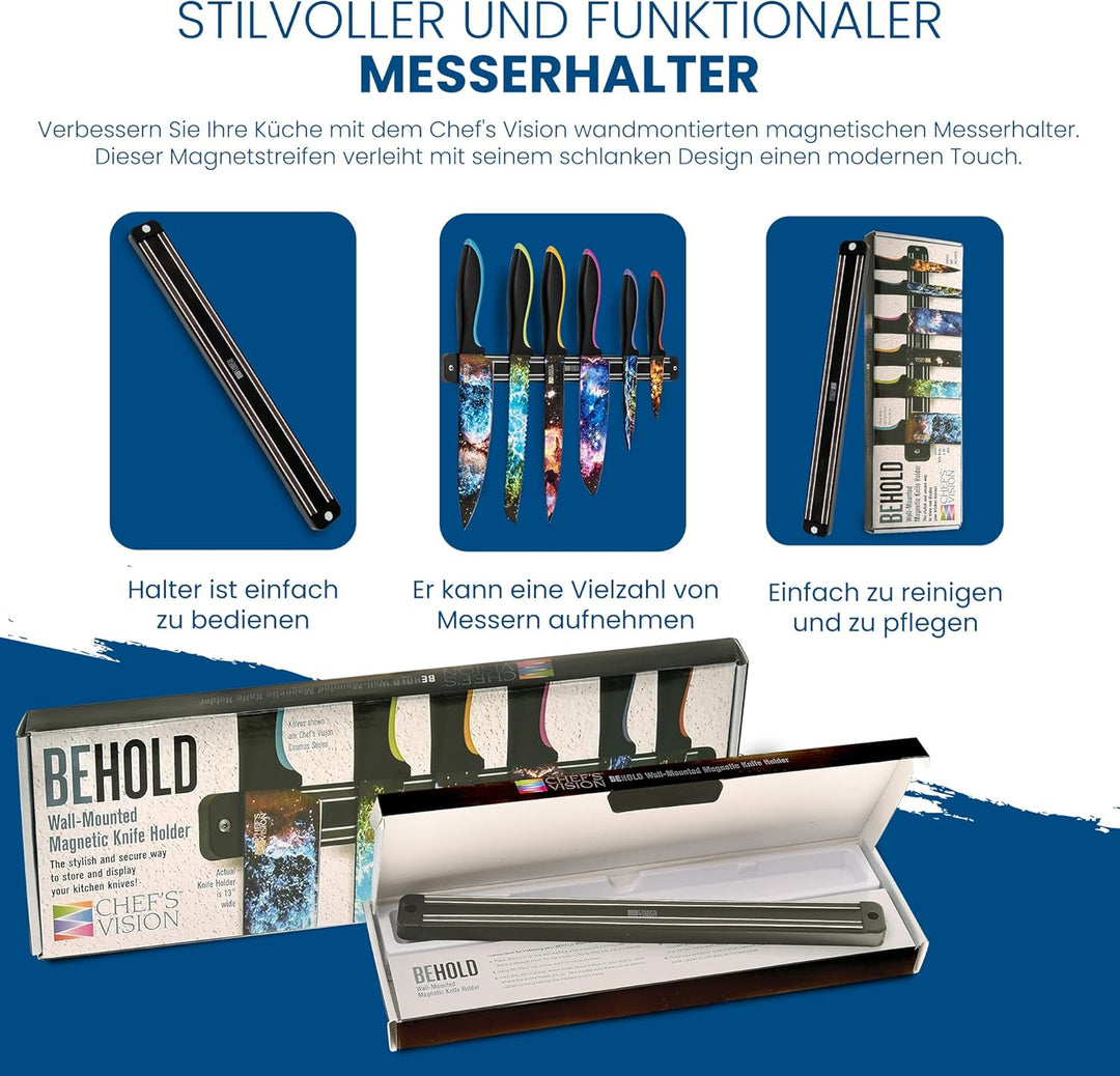 Chef’s Vision Wand-Magnetmesserhalter – Schwarz – Schlanke Magnetleiste für Messer – Moderner Magnet