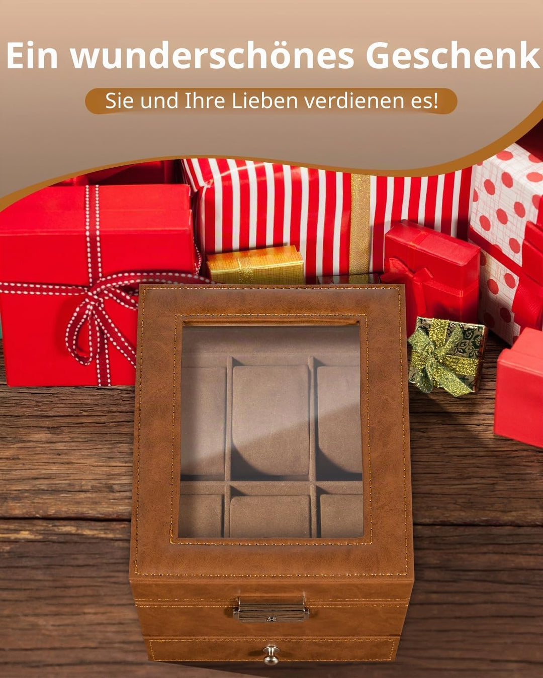 Uten Uhrenbox, 6 Fächern und 1 Schublade mit Schlüsselschloss, Glasdeckel, Braunes PU, Braunes Samtf