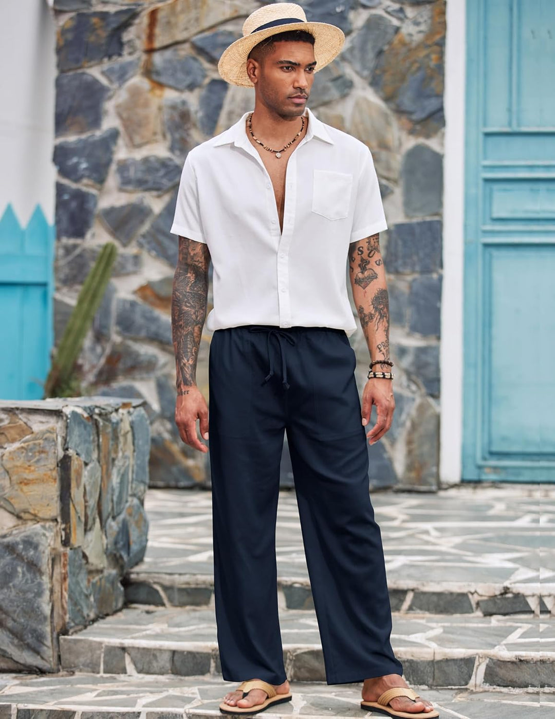 COOFANDY Leinenhose Herren mit Tunnelzug Herrenhose Leicht Sommerhose Freizeithose Einfarbig Leinen