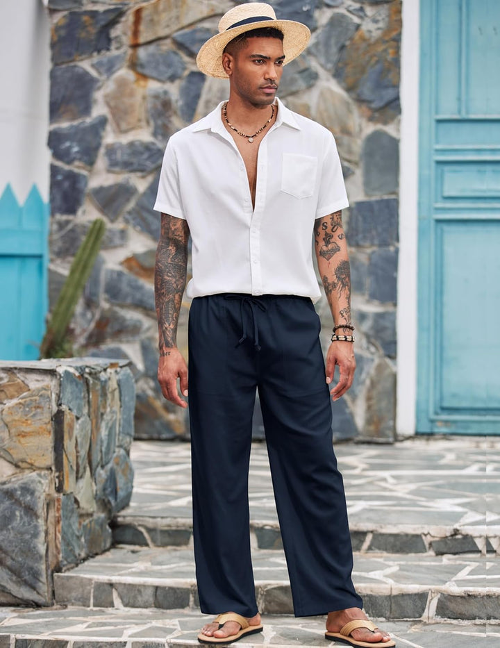 COOFANDY Leinenhose Herren mit Tunnelzug Herrenhose Leicht Sommerhose Freizeithose Einfarbig Leinen