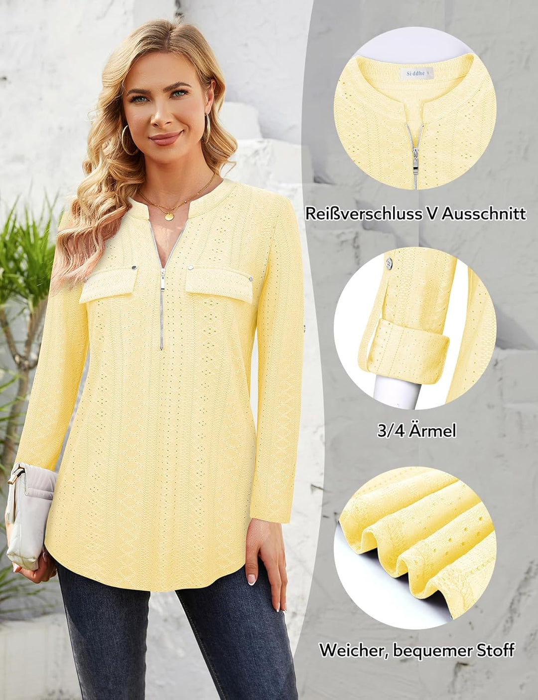 Siddhe Damen V-Ausschnitt Bluse 3/4 Ärmel Tunika mit Reissverschluss Elegant Longbluse Lange Shirt C
