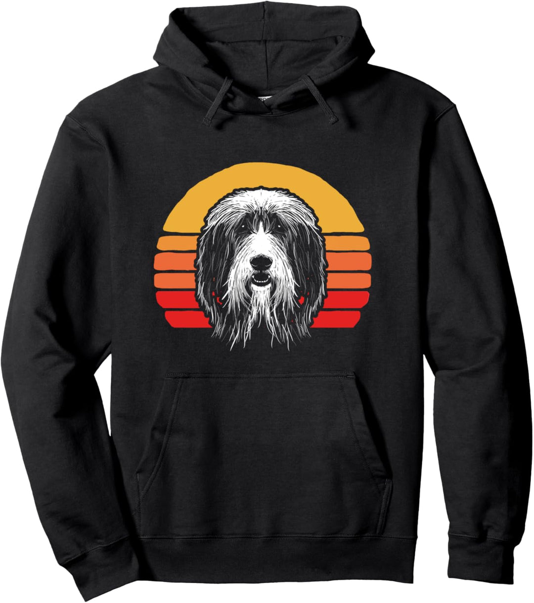 Funny Cute Bearded Collie Face Vintage 80's Sun Graphic Pullover Hoodie