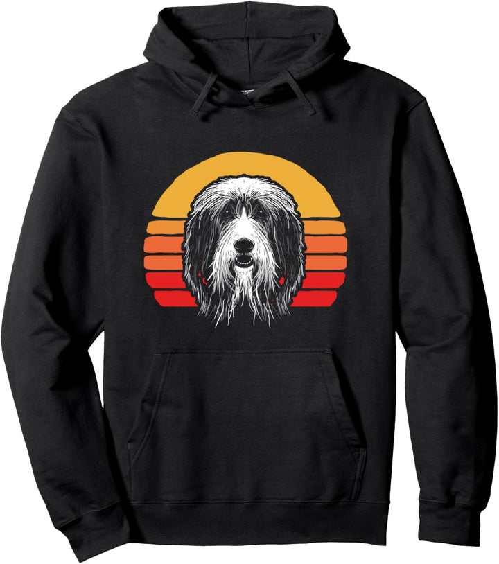 Funny Cute Bearded Collie Face Vintage 80's Sun Graphic Pullover Hoodie