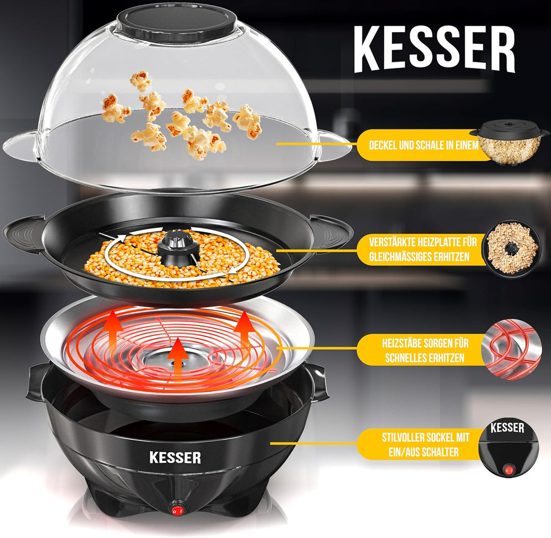 KESSER® Popcornmaschine Gross 800W Popcorn-Maker 5,5l Inhalt mit Antihaftbeschichtung Deckel & Servi