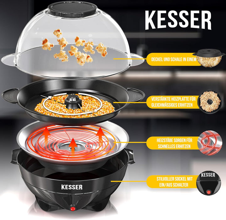 KESSER® Popcornmaschine Gross 800W Popcorn-Maker 5,5l Inhalt mit Antihaftbeschichtung Deckel & Servi