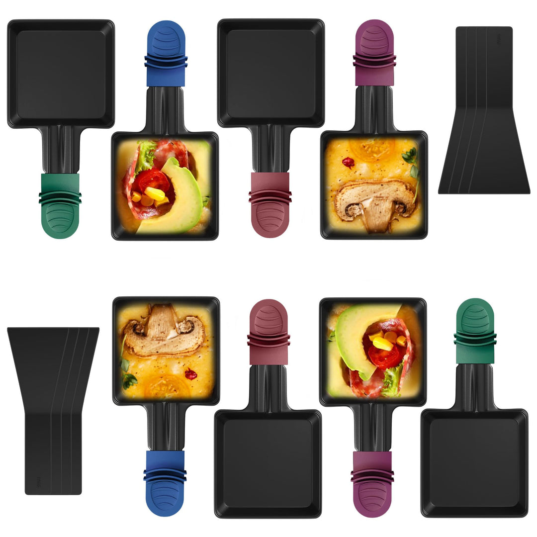 8er Set Raclette Pfännchen antihaftbeschichtet, Mini Grill Pfännchen Ersatz mit 8 Schaber und buntem