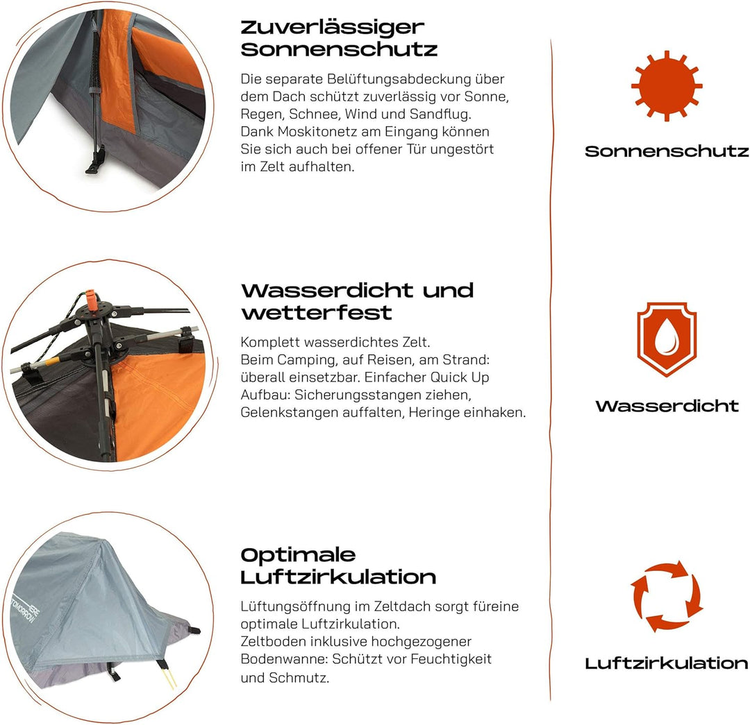 Lumaland Where Tomorrow 2-Personen-Kompakt-Zelt - Pop Up Wurfzelt Trekkingzelt - 245x160x95 cm - Cam