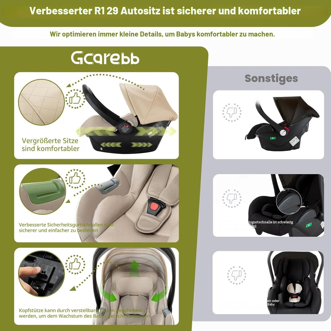 Gcarebb PU Leder 3 in 1 Kinderwagen, Buggy Mit Auto Babyschale, Mit Einem Klick Zusammenklappbarer T