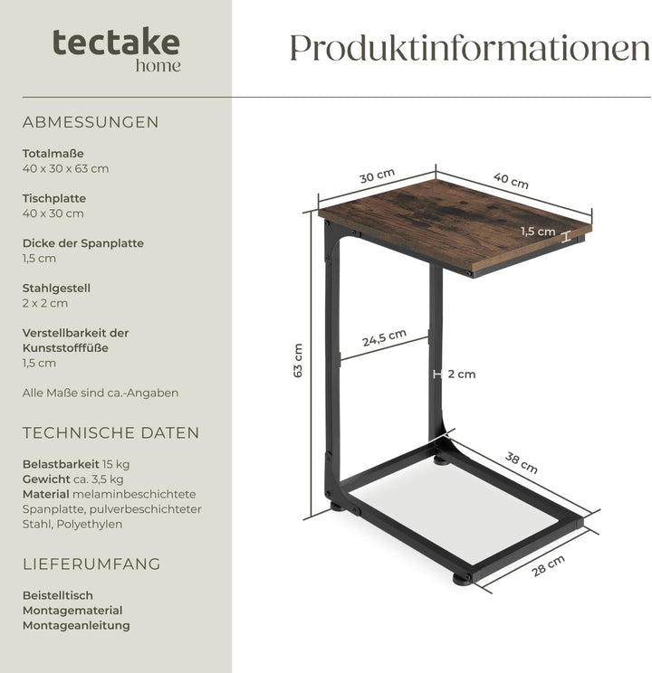 tectake Beistelltisch in C-Form im Industrie-Design, 30 x 40 x 63 cm, Sofatisch für Kaffee Laptop Co