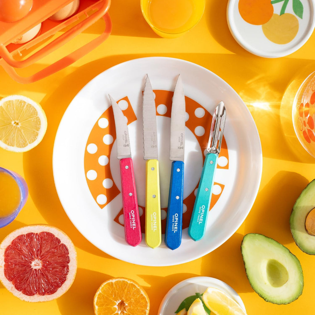OPINEL Les Essentials Kleines Küchenmesser-Set, 4-teilig, Schälmesser, Wellenschäler, Gemüsemesser,