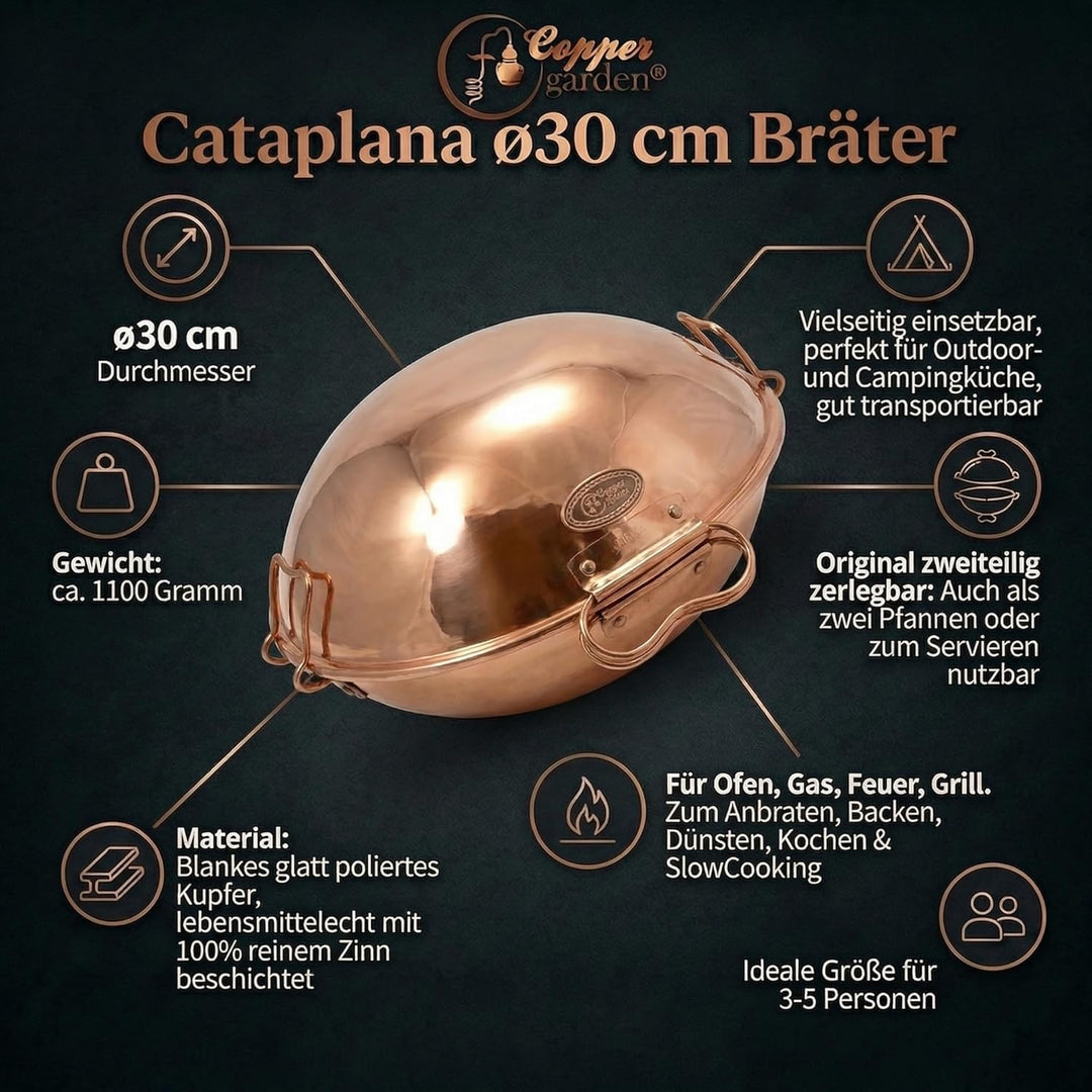 CopperGarden® Cataplana Bräter aus handverzinntem glattem Kupfer mit ca 30 cm Durchmesser I Portugie