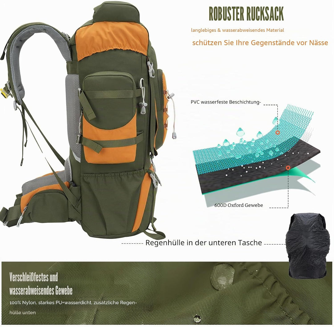 Bseash 70L (65+5) Wasserdichter Wanderrucksack mit Regenschutz, Outdoor-Sport, Reisen, Tagesrucksack