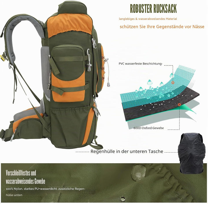 Bseash 70L (65+5) Wasserdichter Wanderrucksack mit Regenschutz, Outdoor-Sport, Reisen, Tagesrucksack