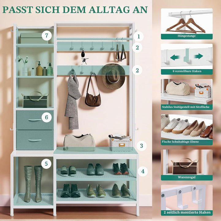 YITAHOME Kleiderständer, Garderobenständer Schuhregal 9 Haken 2 Schubladen | Freistehendes Garderobe