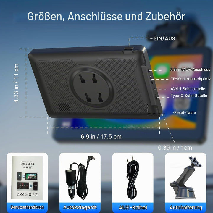 7" Drahtloses Tragbares Car Play Display für Apple CarPlay &amp; Android Auto mit Bluetooth, Mirror Link