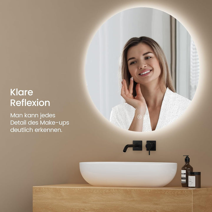 EMKE Runder LED Badspiegel mit Beleuchtung – Badezimmerspiegel 60 cm, 3 Lichtfarben (Warmweiss/Neutr