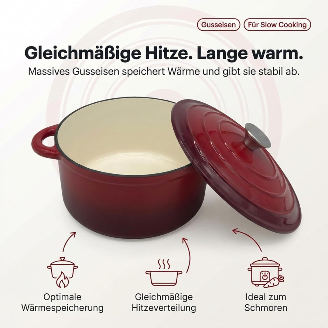 Homira Emaille Gusseisen Topf Bräter Schmortopf Ø 26 cm – Ideal für alle Herdarten, Rot