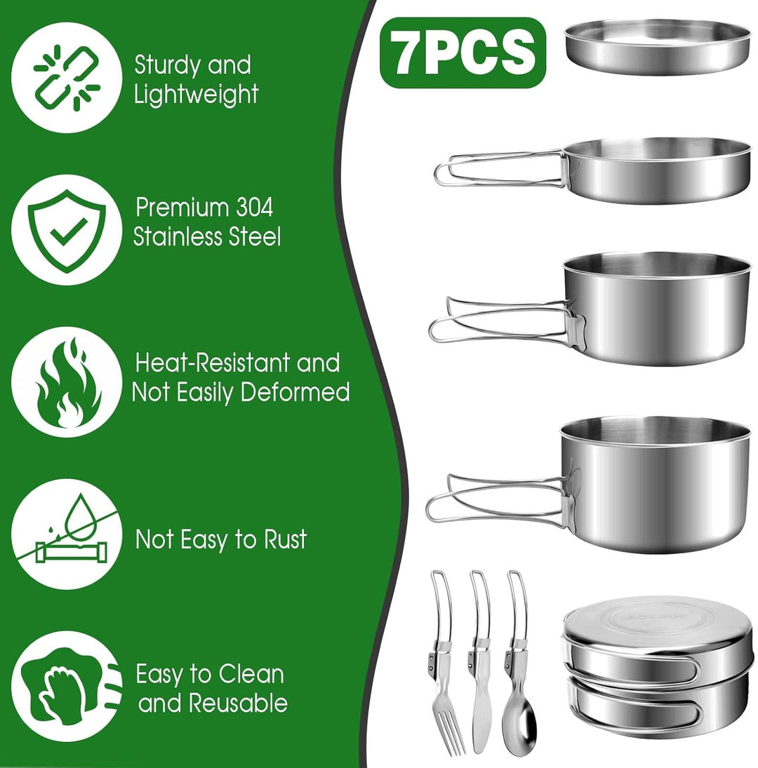 7 St¨¹ck Edelstahl Camping Kochgeschirr Set, Outdoor Kochgeschirr mit Faltbare Besteck, 1-2 Personen
