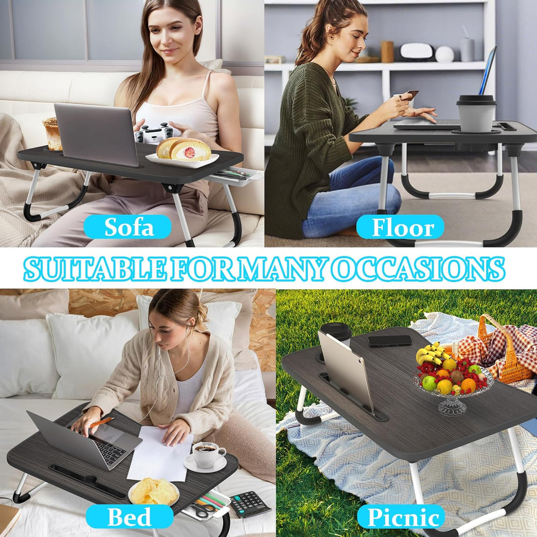 Soontrans Laptoptisch, 60 x 40 x 28 cm, Laptop Tisch mit Tablethalter, Schublade, Getränkehalter, Be