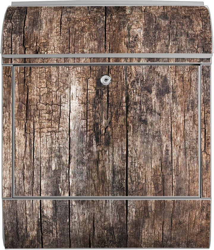 banjado® Design Briefkasten mit Motiv Altes Holz 39x47x14cm &amp; 2 Schlüssel - Briefkasten Stahl Silber