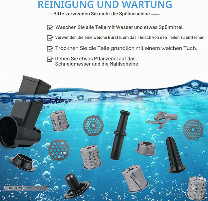 Elektrischer Fleischwolf 2000W | Profi Wurstmaschine mit Wurstfüller, Keksaufsatz & Kibbe-Aufsatz –