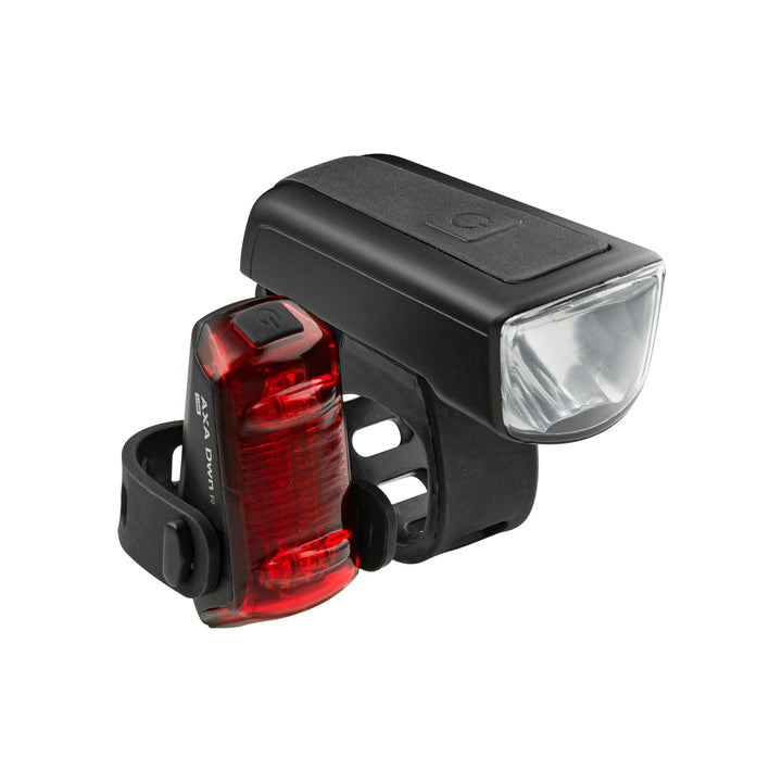 AXA Fahrradlicht Set Dwn 30 Lux – USB Aufladbar – 11 Stunden Leuchtdauer – Batterieanzeige – StVZO Z