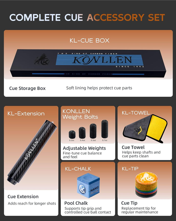 KONLELN Carbon Billard Queue 58 Zoll – Low Deflection Carbon Schaft, 12,5 mm Mehrschicht-Spitze, Pro