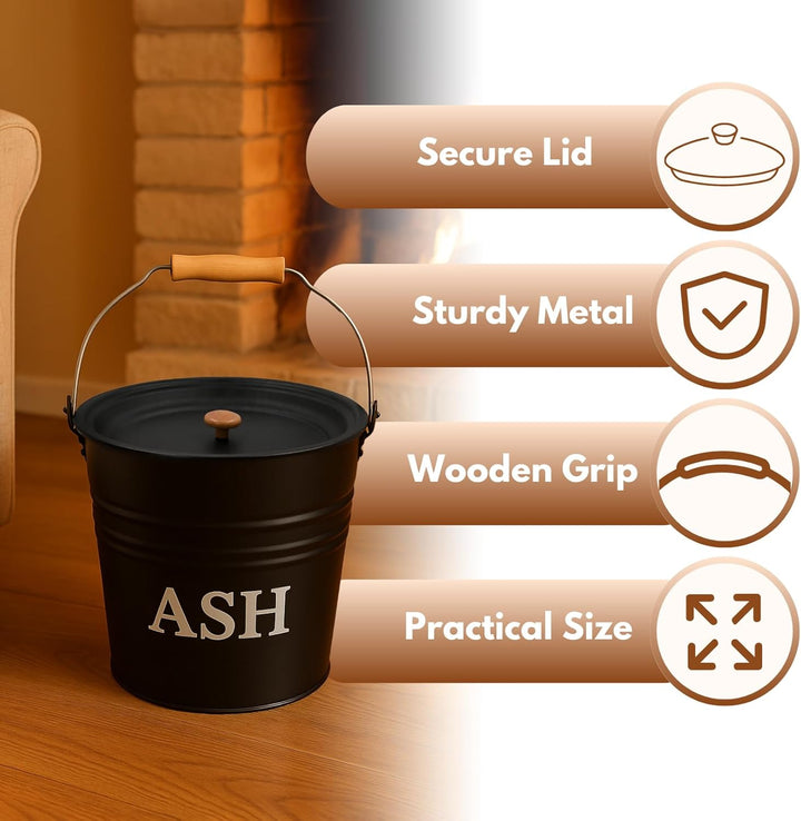 Ascheeimer aus Metall, Eimer mit Deckel, dunkelgrau, 12 Liter, ideal als Kamin, Holzofen und Grill Z