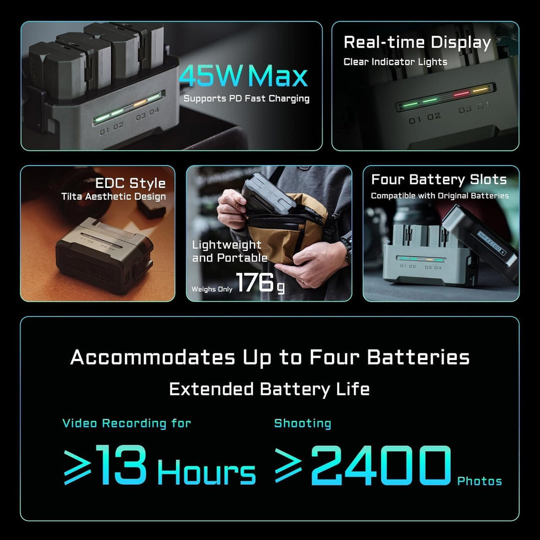 TILTA NP-FZ100 Ersatzakku- und Ladegerät-Set,mit 4 Akkus à 2400 mAh und Vierkanal-USB-C-PD-45-W-Schn